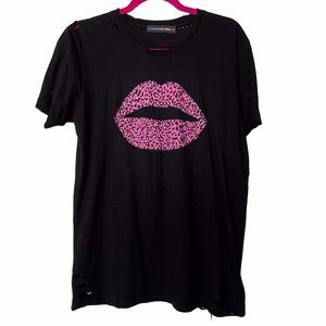 Lulusimon Studio Women's Black Pink Cheetah Print Lips Tee Shirt Size Small